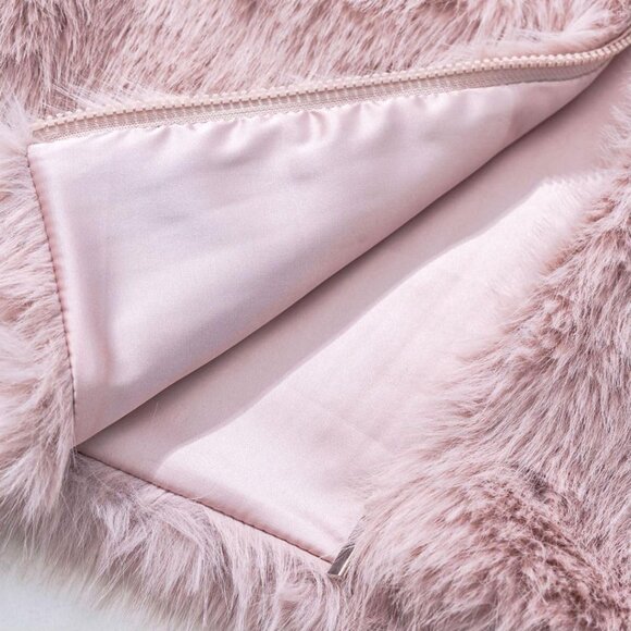 Women's Faux Fur Zip-Up Cropped Jacket Long Sleeve Warm Winter Coat Pink - Picture 5 of 5